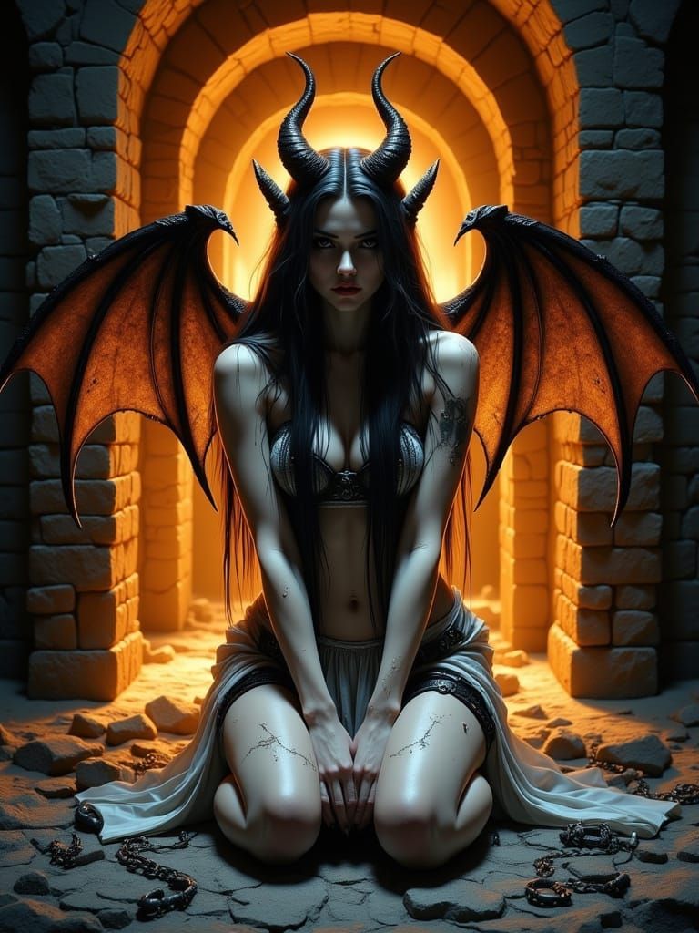Darkly Beautiful Demoness in Golden Firelit Prison Cell