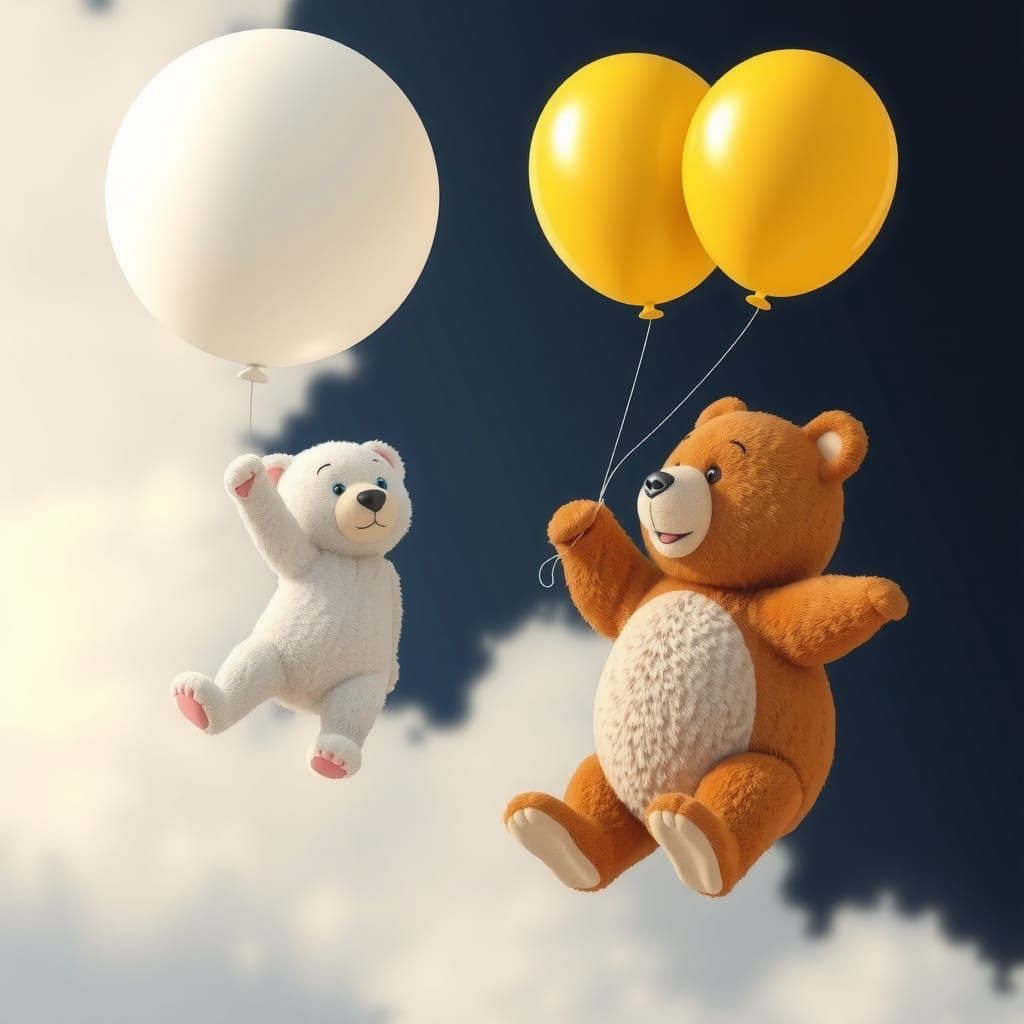 Teddy Bears Floating with Balloon in Anime Style