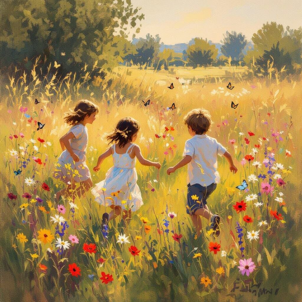 Children Playing Tag in Impressionistic Meadow