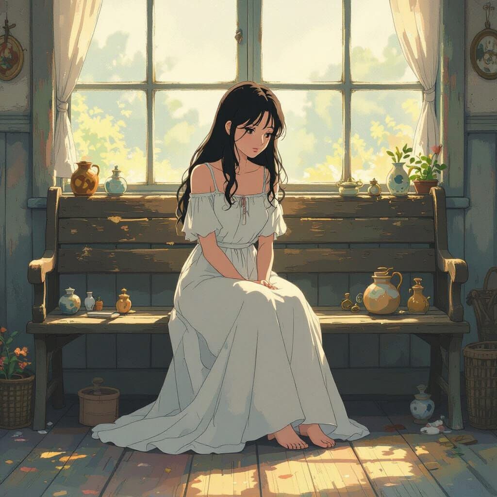 Melancholy Woman on Bench: Ghibli-esque Nostalgia