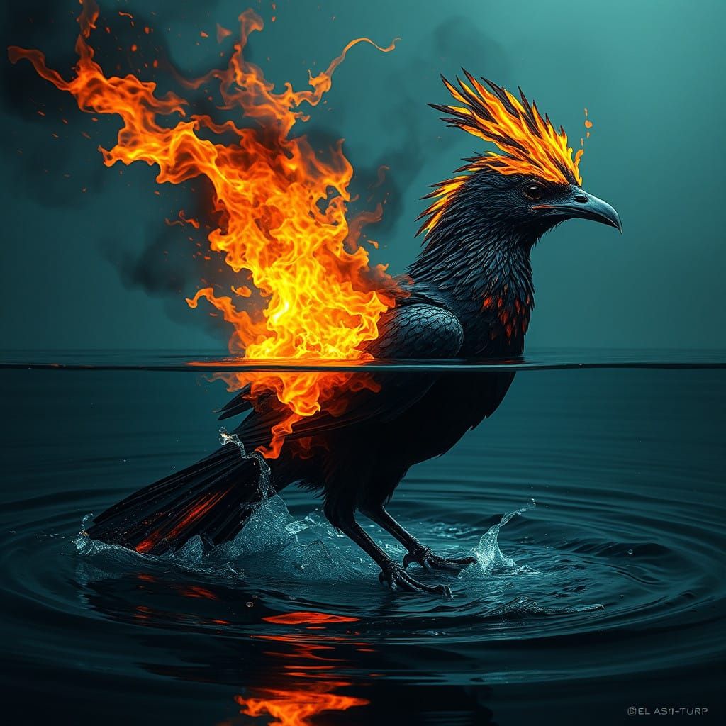 Bird Amidst Flames and Water in Dark Surreal Scene
