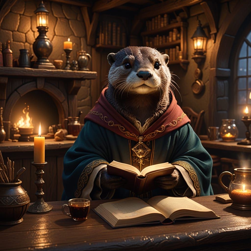 Wizard Otter Sipping Beverage in Cozy Tavern