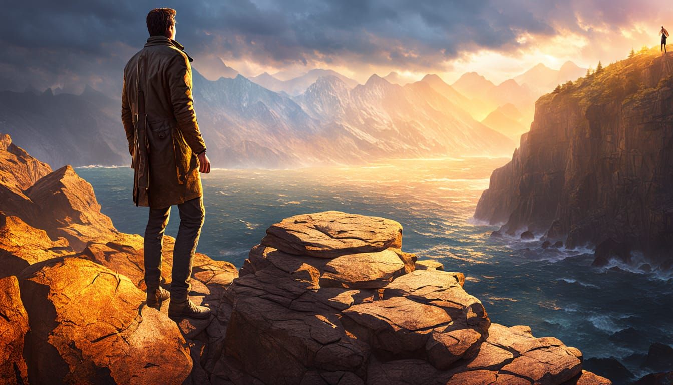 Lone Figure at Cliff Edge in Golden Light