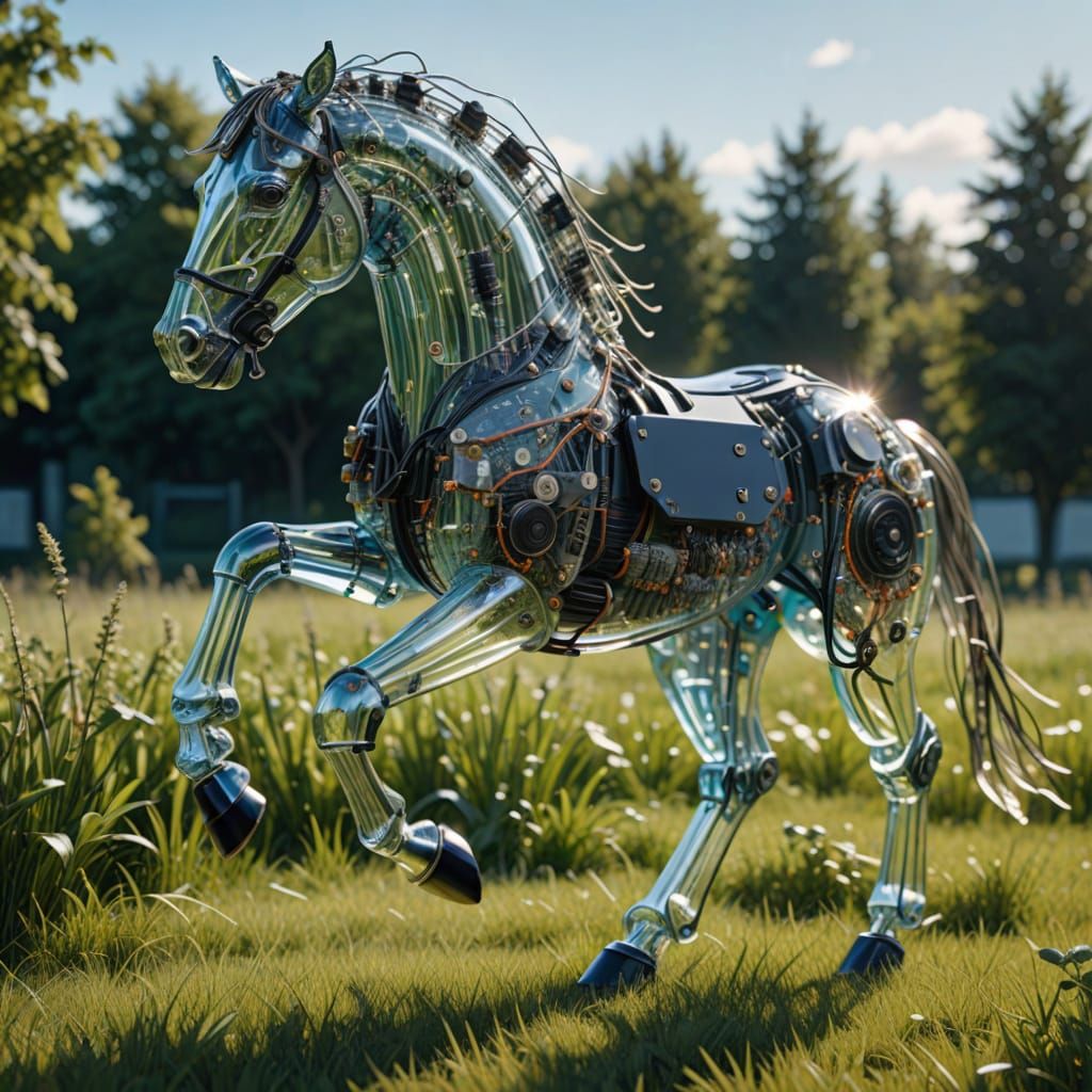 Cybernetic Android Horse Strolls Through a Vibrant Field in ...