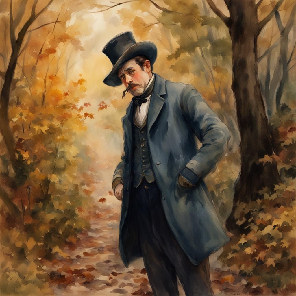 Victorian Man in Autumn Forest: Watercolor Illustration