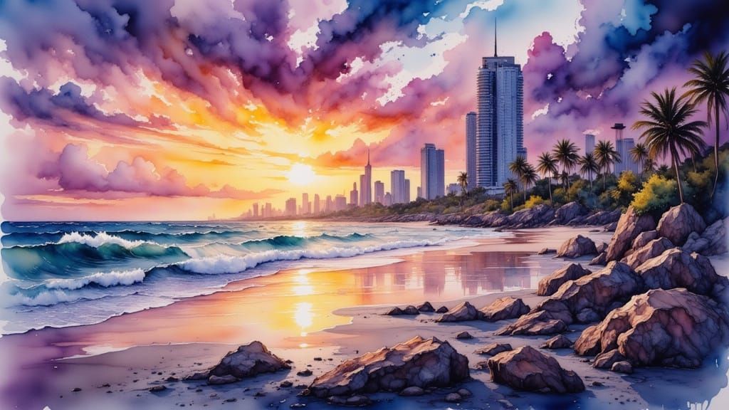 Sunrise Beachscape in Vibrant Synthwave Art