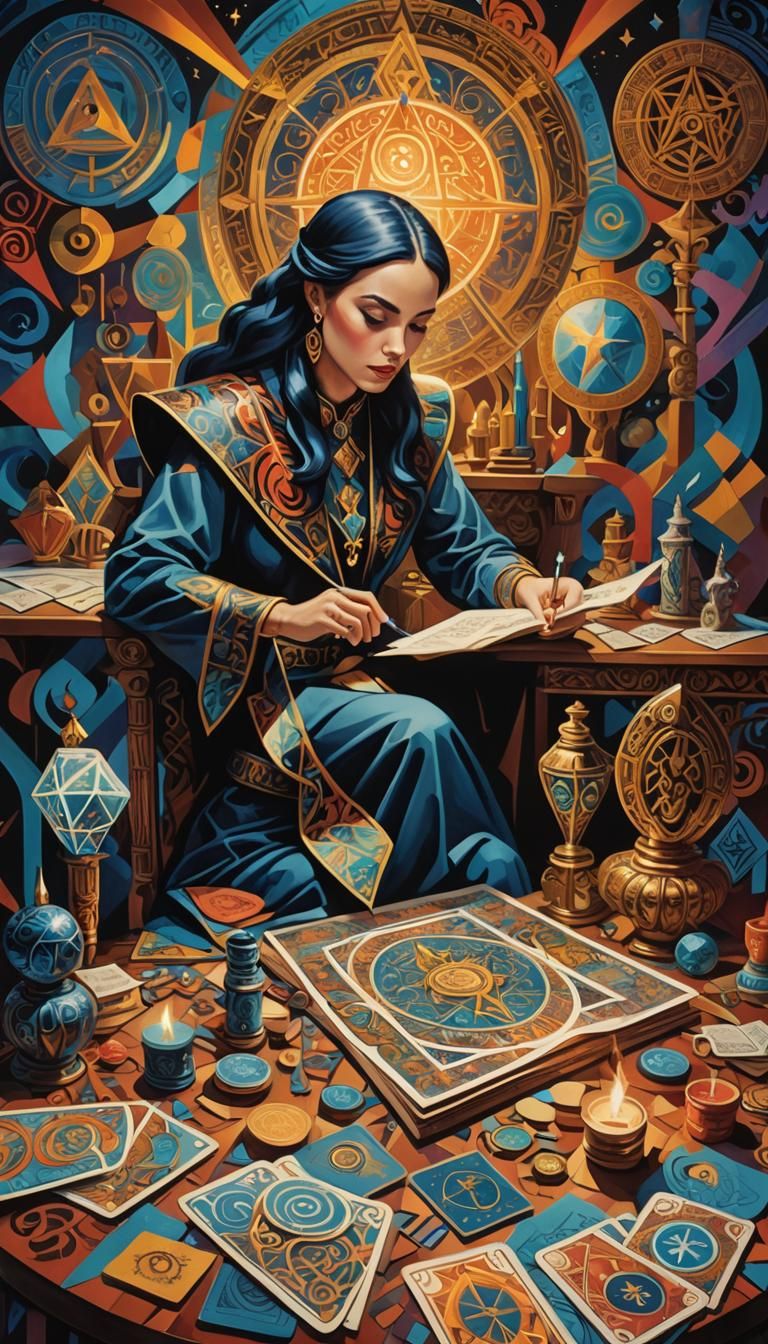 Cubist Designer Surrounded by Tarot Cards