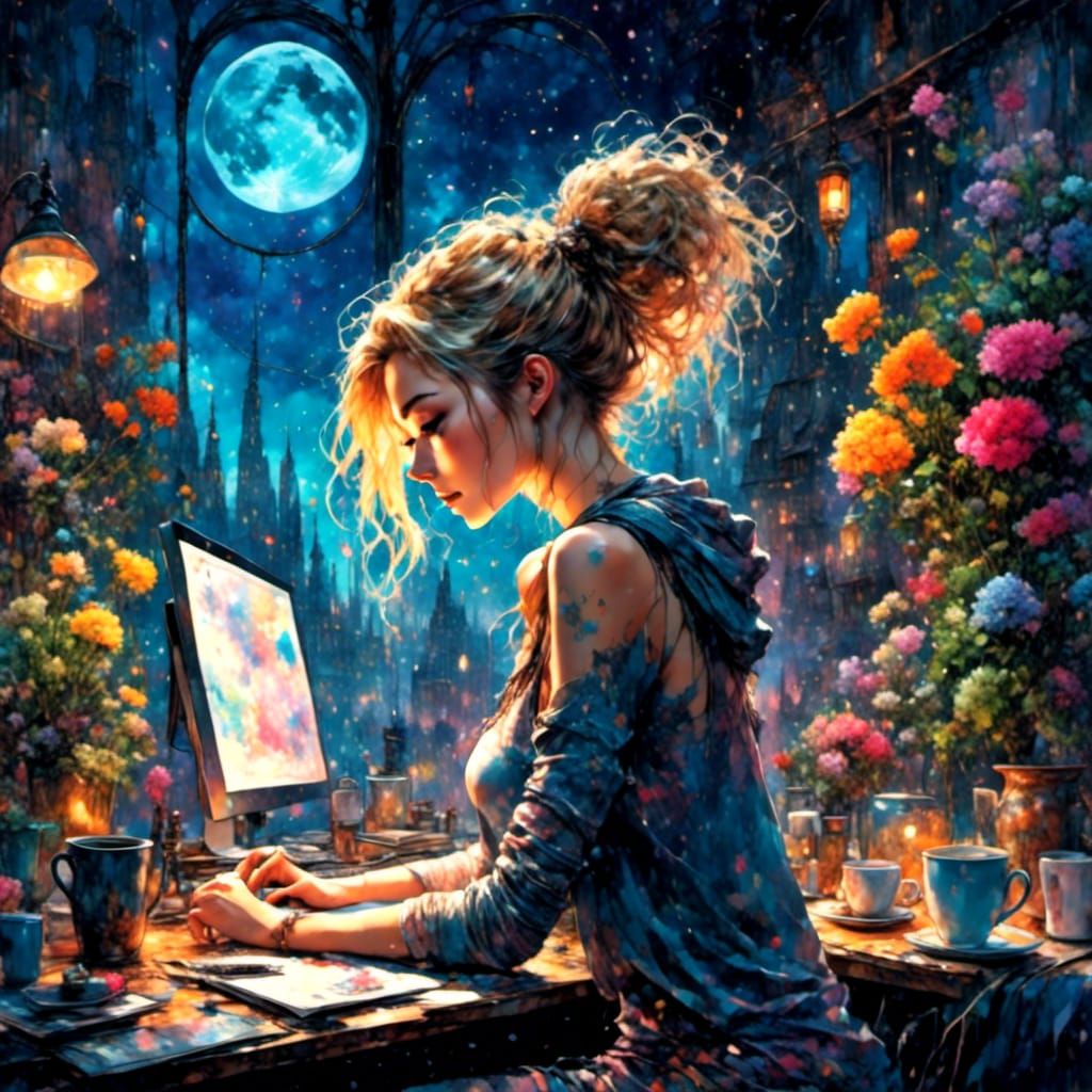 Nighttime Desk Scene with Bioluminescent Sky