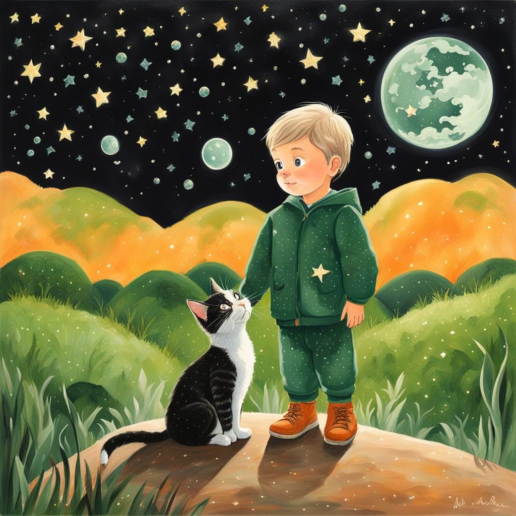 Animated Blond Boy Gazing at Moon with Kitten