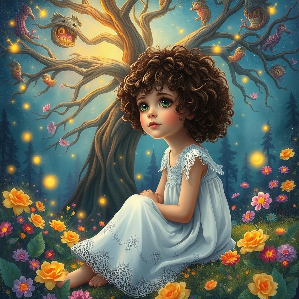 Magical Forest Scene with Girl in Dreamlike Style