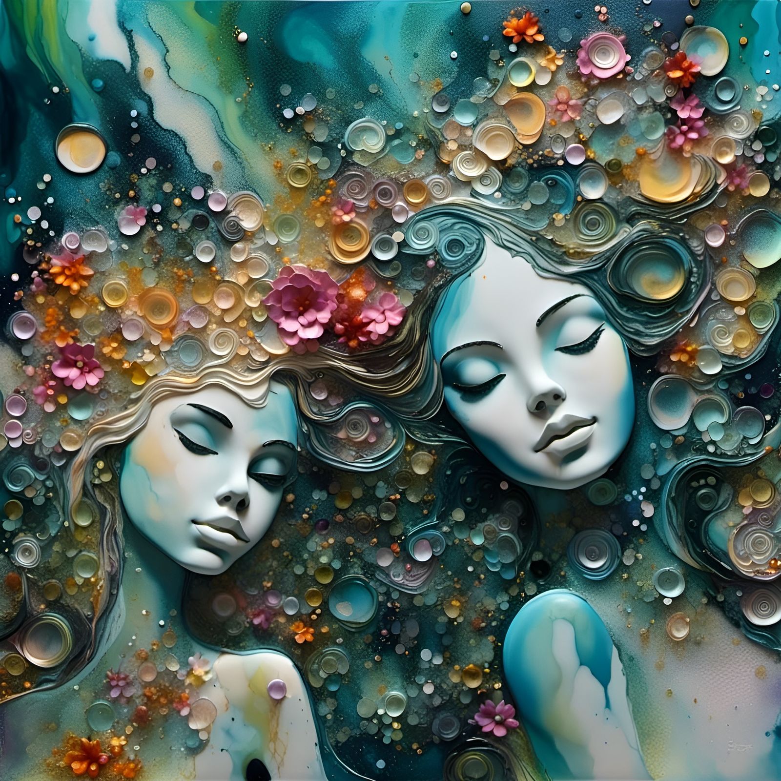 Multicolor Lagoon Under Swirling Sky as Impasto Painting