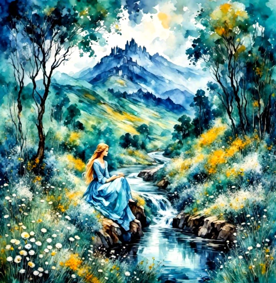 Woman Gazing at Moon in Cezanne-Style Watercolor Landscape