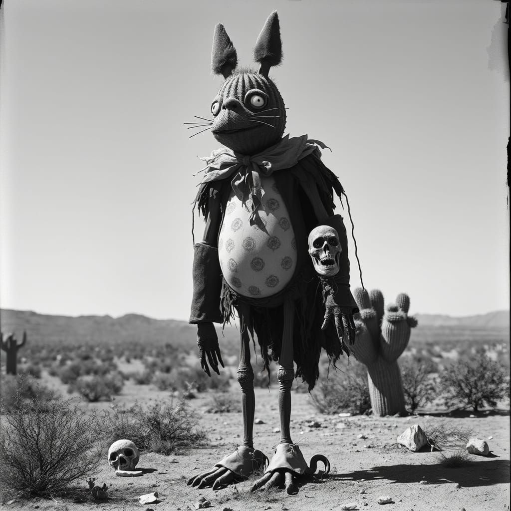 Surreal Scarecrow Totoro in Dystopian Desert Landscape