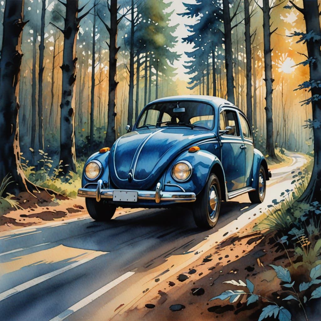 Blue VW Beetle Races Through Black Forest Watercolor