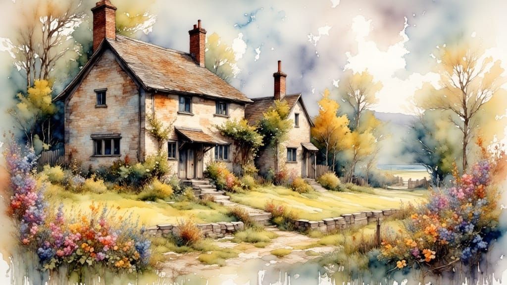 19th Century Cottage in Gouache Watercolor Style