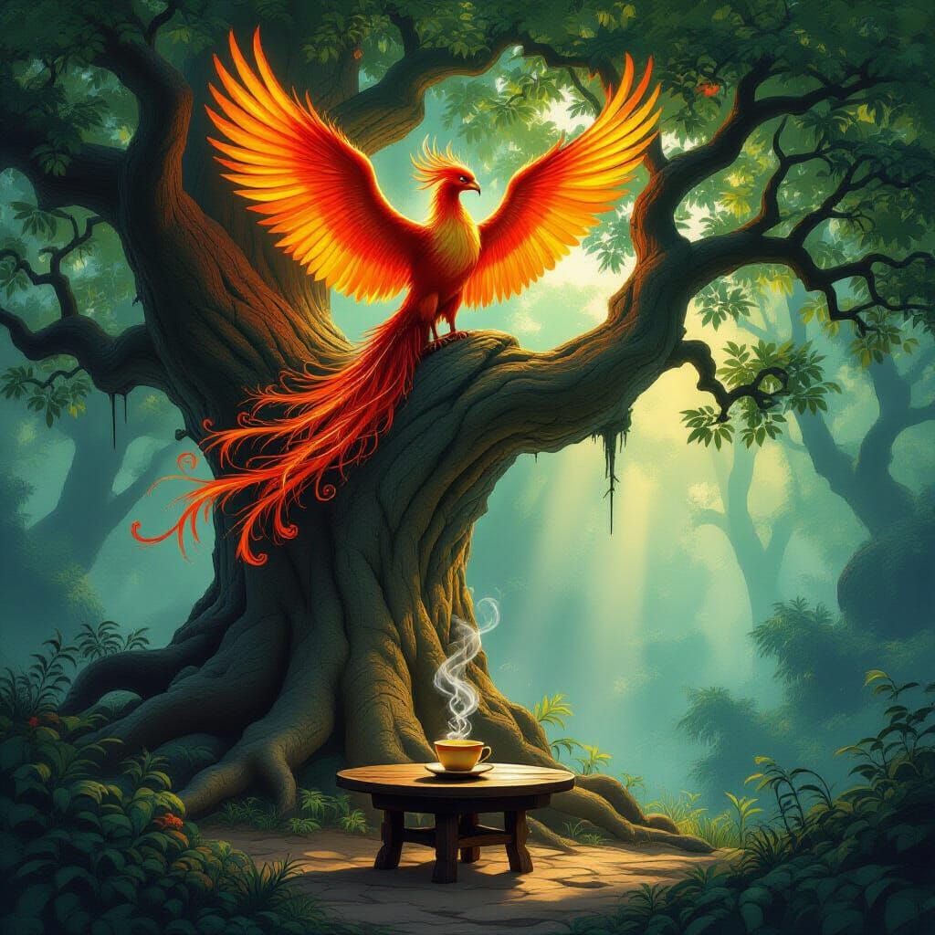 Majestic Phoenix Illuminating Forest Clearing