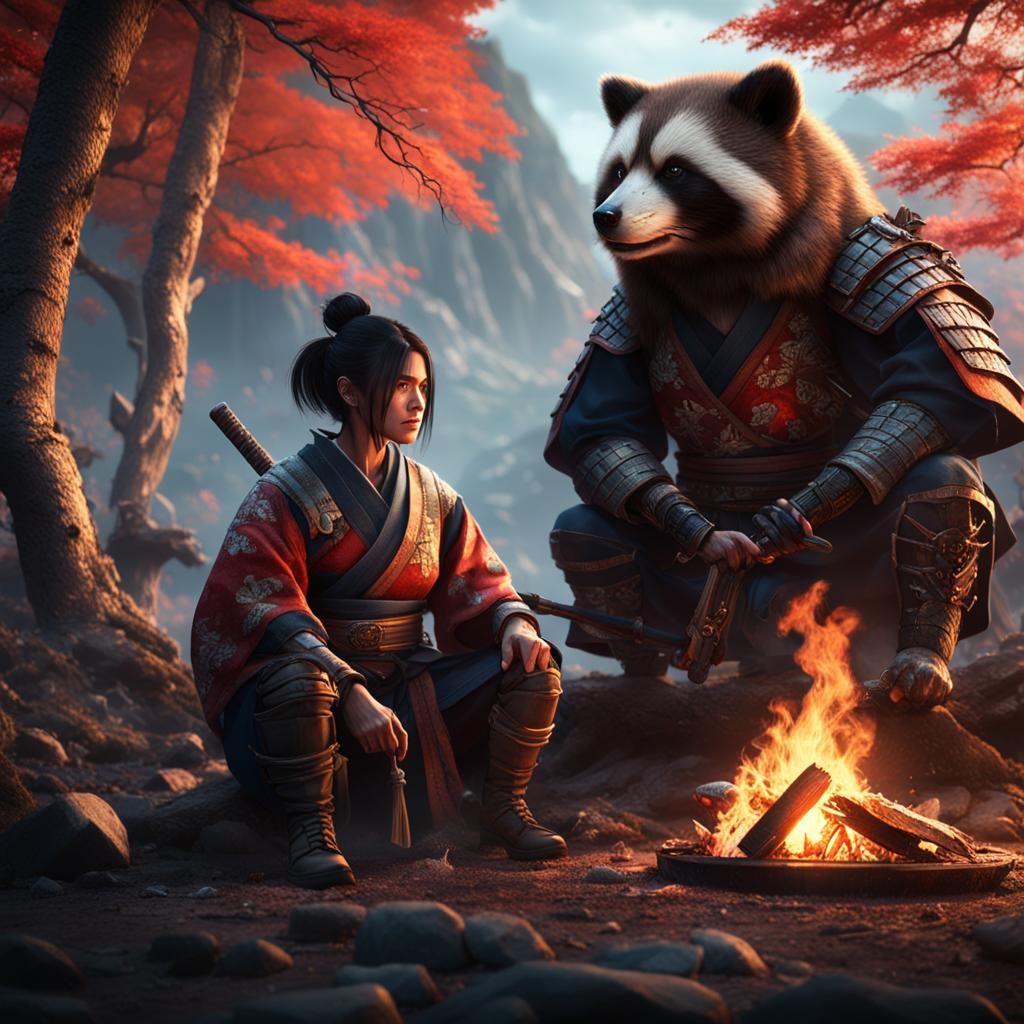 Samurai and Giant Tanuki by Campfire