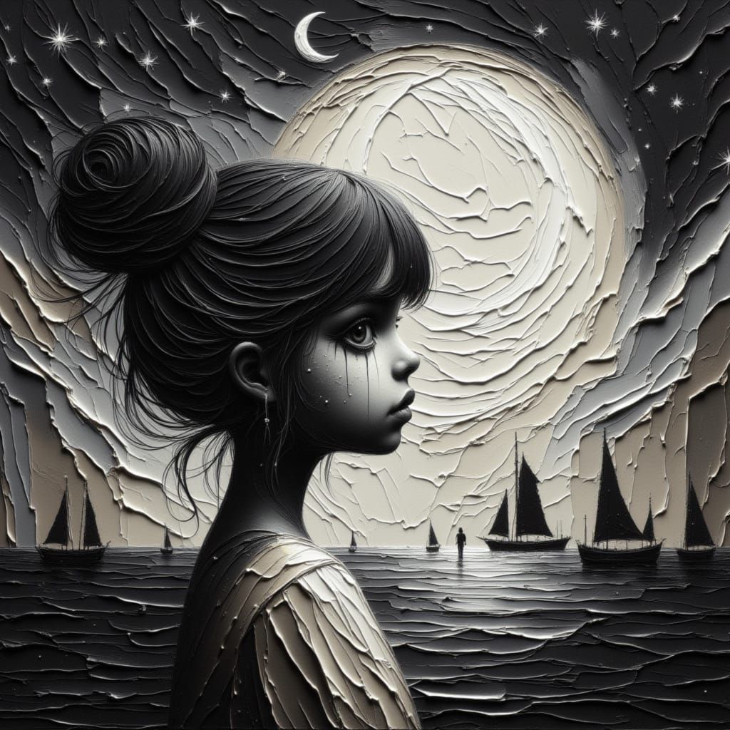 Cosmic Sorrow: Girl Portrait in Moonchild Oil Style