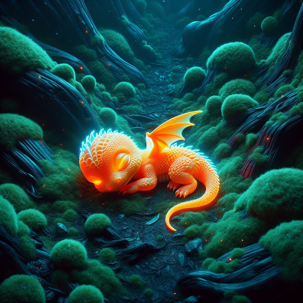Neon Orange Dragon Sleeps in Enchanted Forest