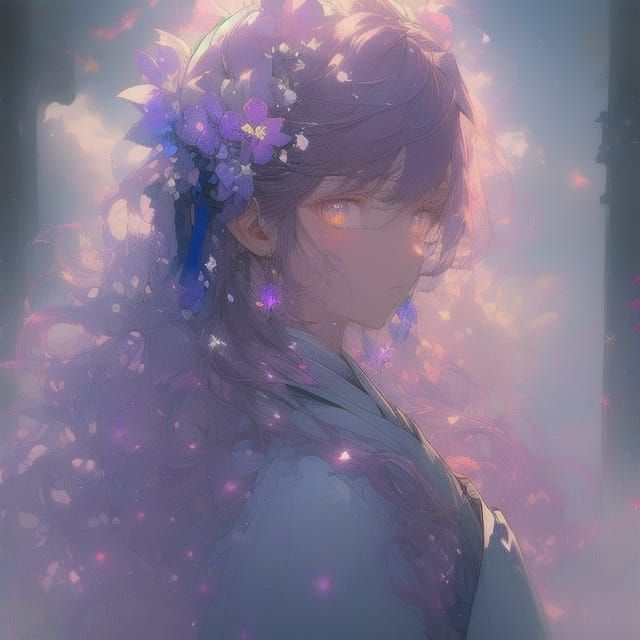 Serene Anime Goddess in Lavender Kimono