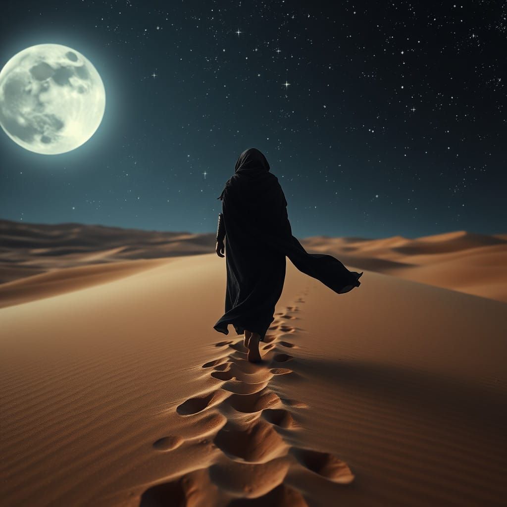 Serene Desert Night with Enigmatic Warrior in 35mm Photograp...