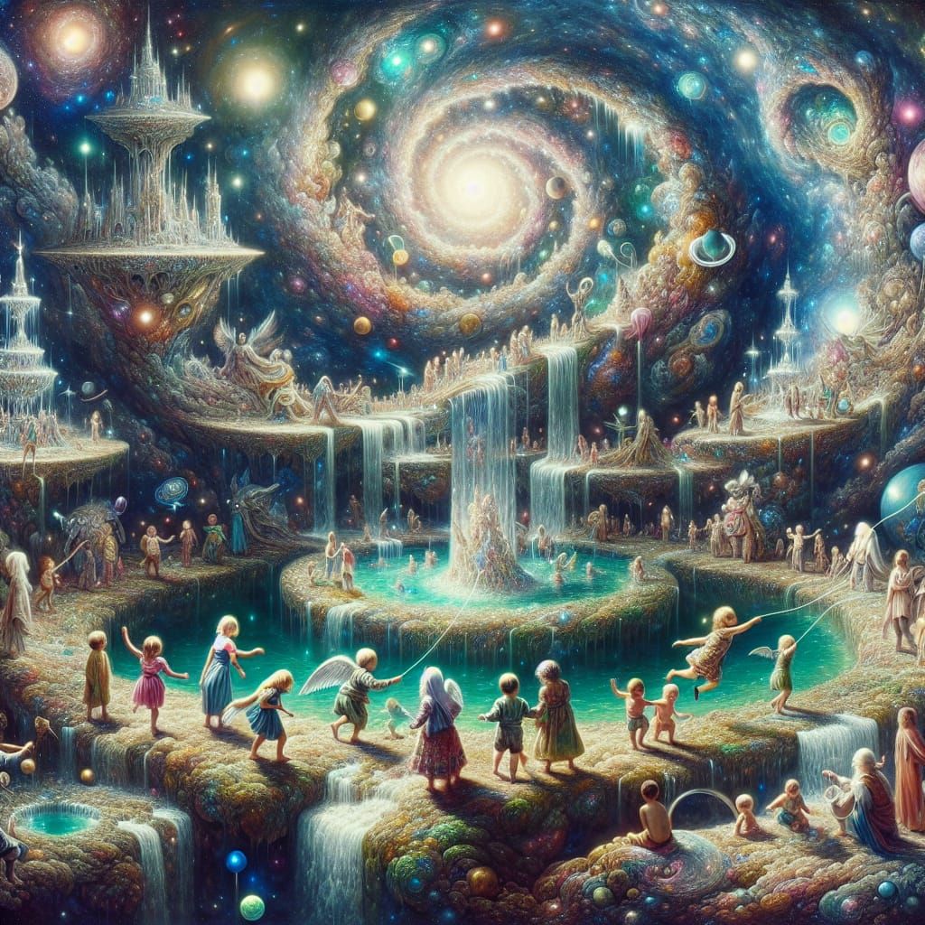 Galactic Oasis: Children Playing with Kite in Space