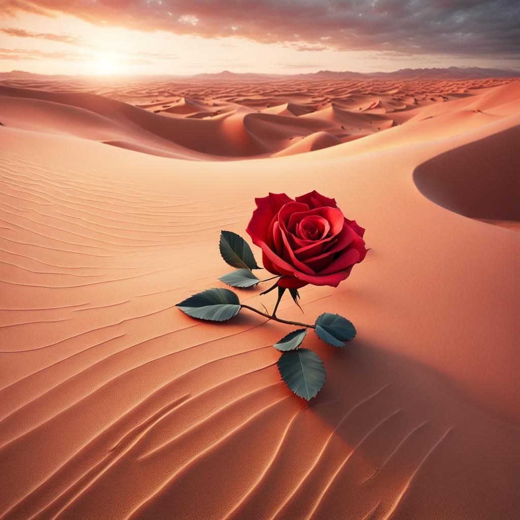 Red Rose Blooms in Surreal Desert Landscape
