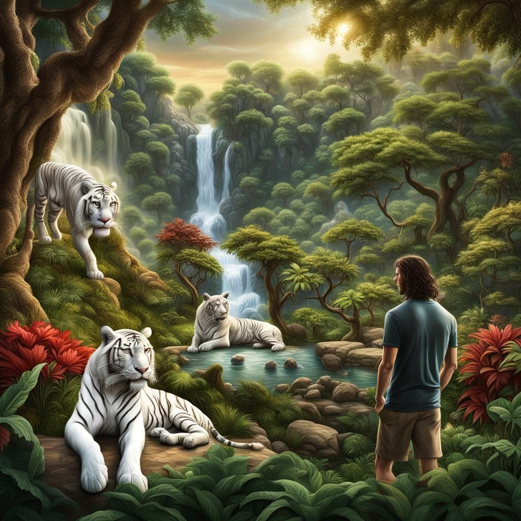 Adam and Eve in Eden with White Tiger