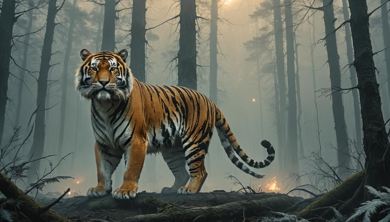 Cybernetic Tiger in Foggy Forest, Surreal Digital Art