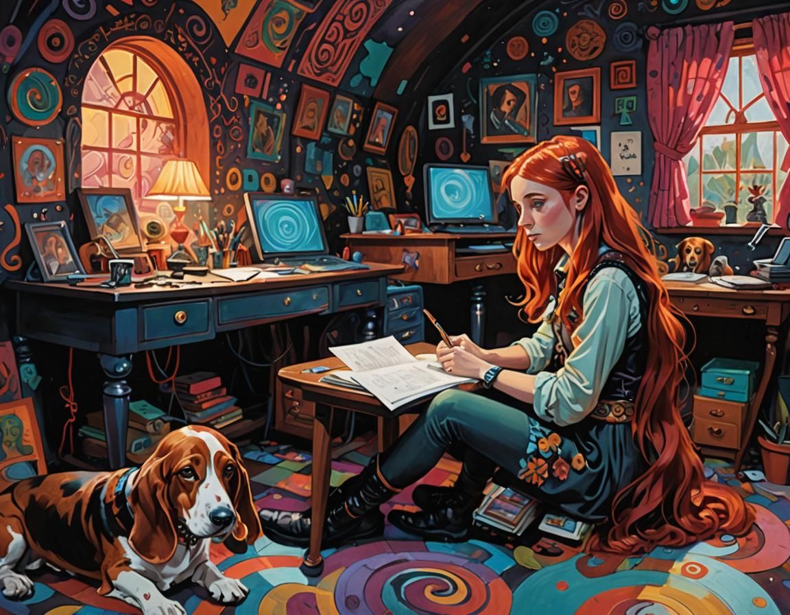 Girl in 70s Room with Neon, Whimsical Art