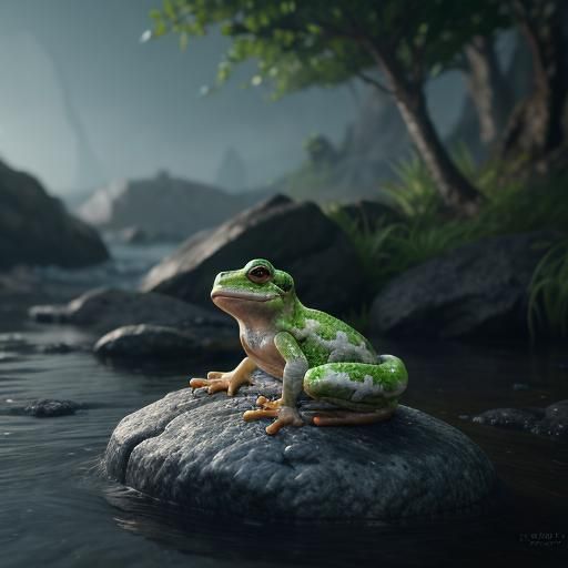 White Frog on Rock in Cinematic 3D Style