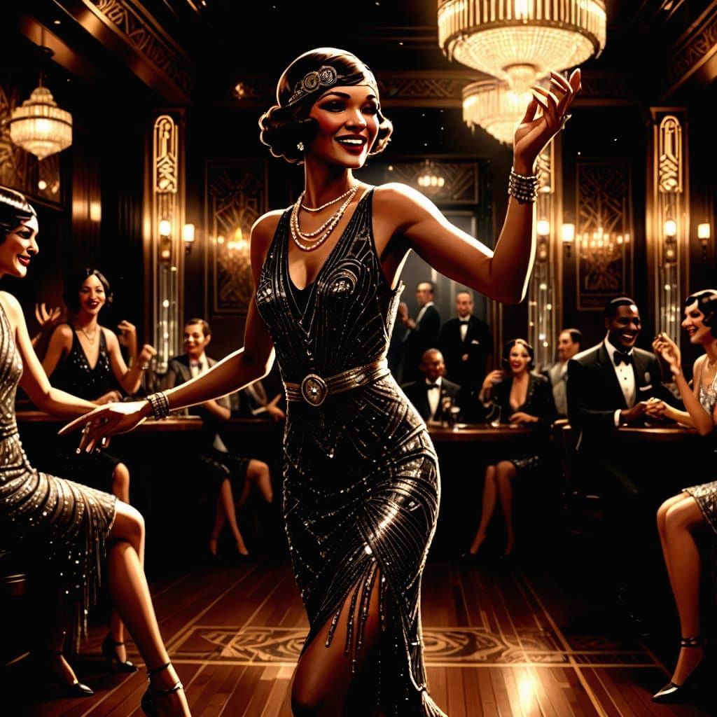 Vintage Flapper Girl Dances in Art Deco Jazz Club