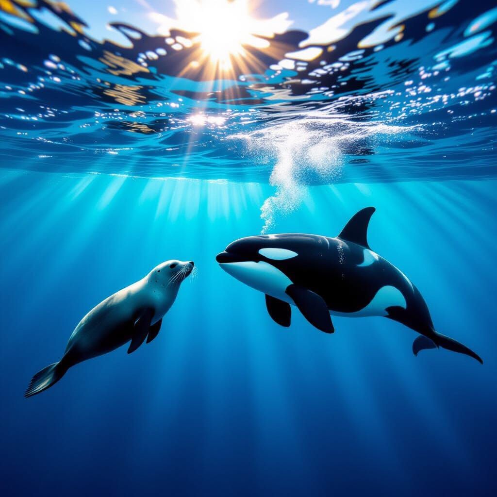 Orca and Seal in Blue Fjord Waters