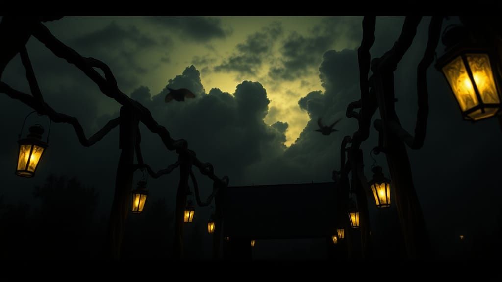 Eerie Abandoned Dark Ride with Twisted Lanterns