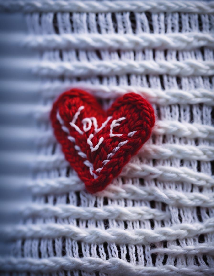 Embroidered Heart on Knitted Sock Fabric Macro