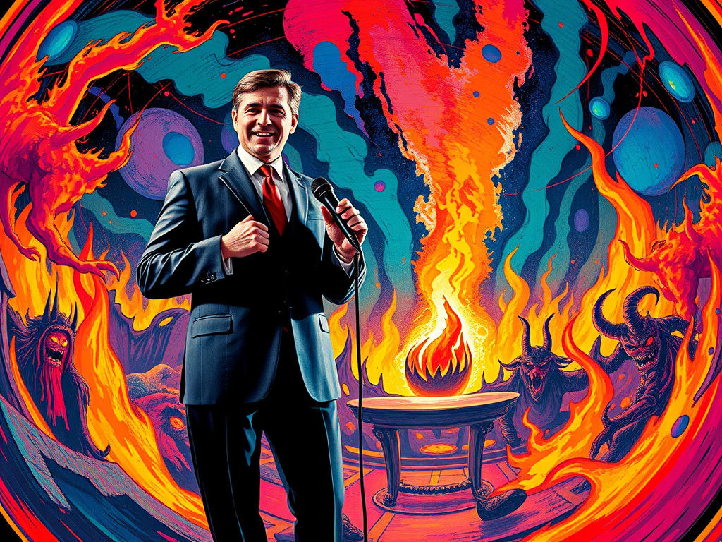 Talk Show Host in Hell, in Vapor Fauvism Style