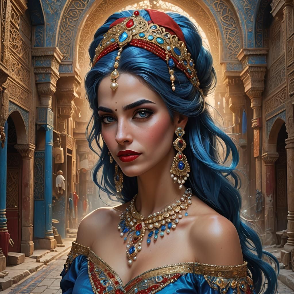 Arab Woman with Blue Hair, Detailed Fantasy Art
