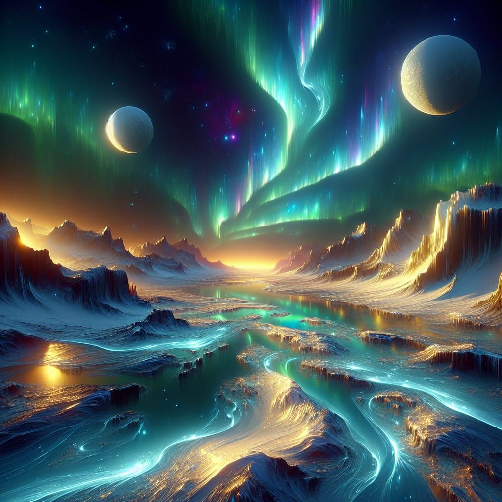 Alien Ice World with Aurora and Multiple Moons