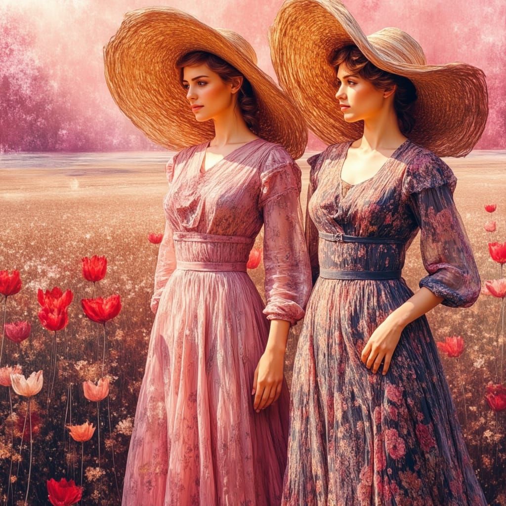 Elegant Women in Floral Dresses, Impressionist Style