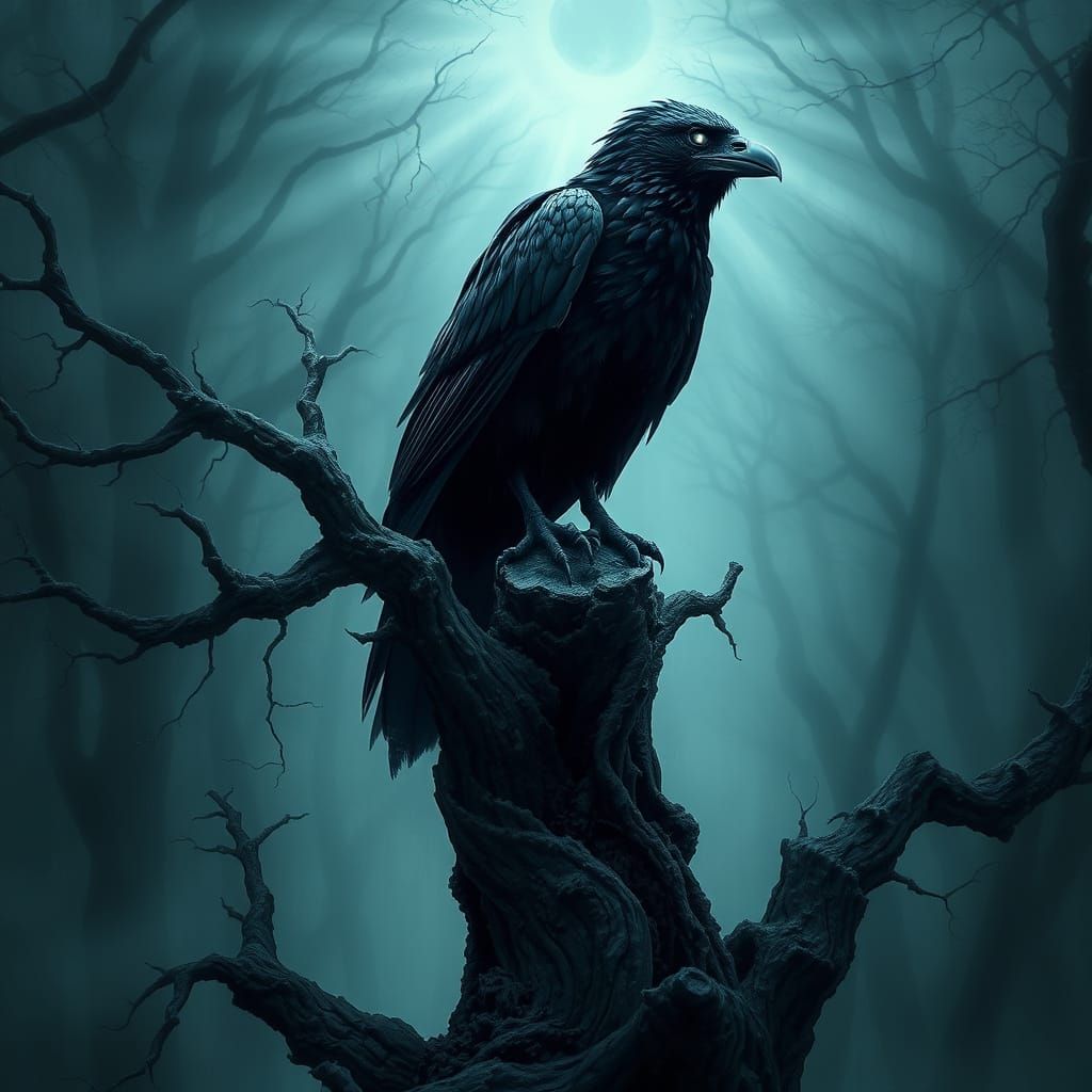 Mysterious Dark Fantasy Raven Perched on Ancient Oak Tree