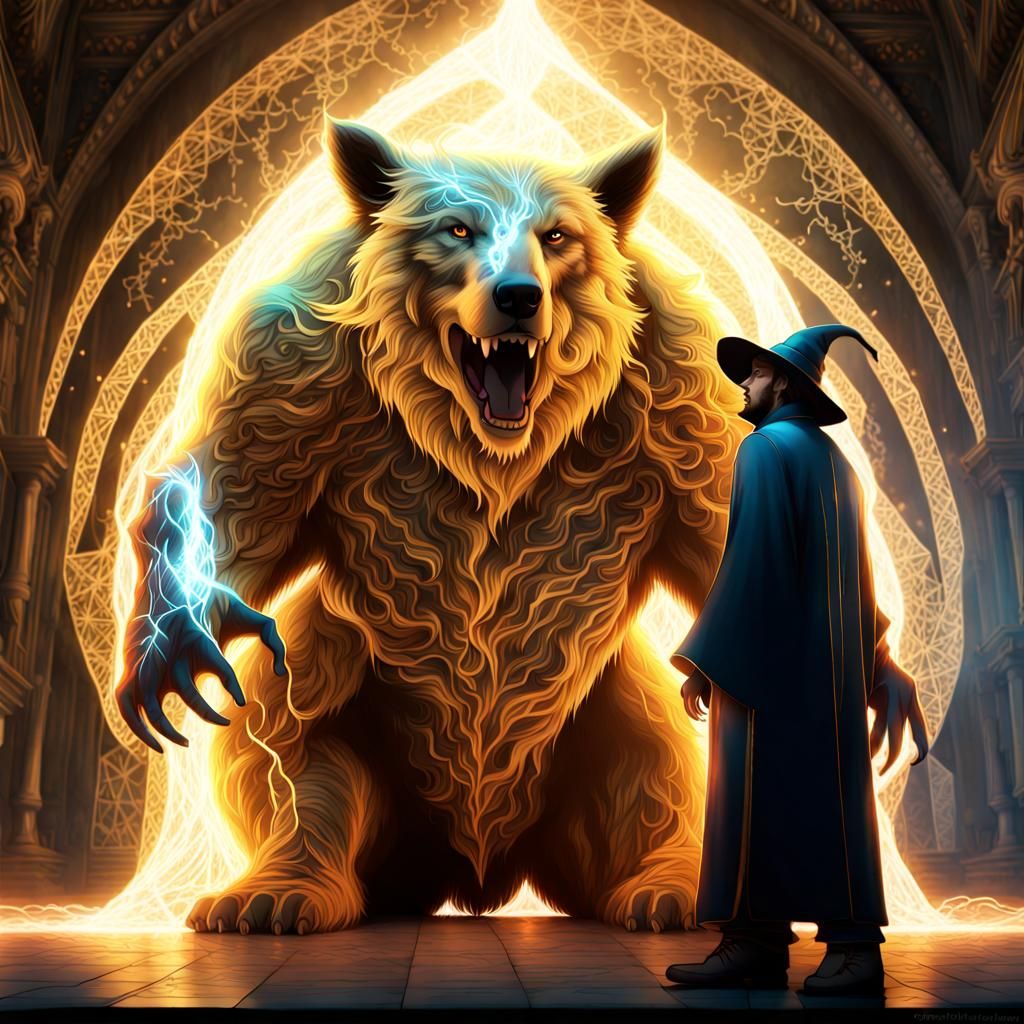 Wizard Casting Spells on a Giant Spirit Bear