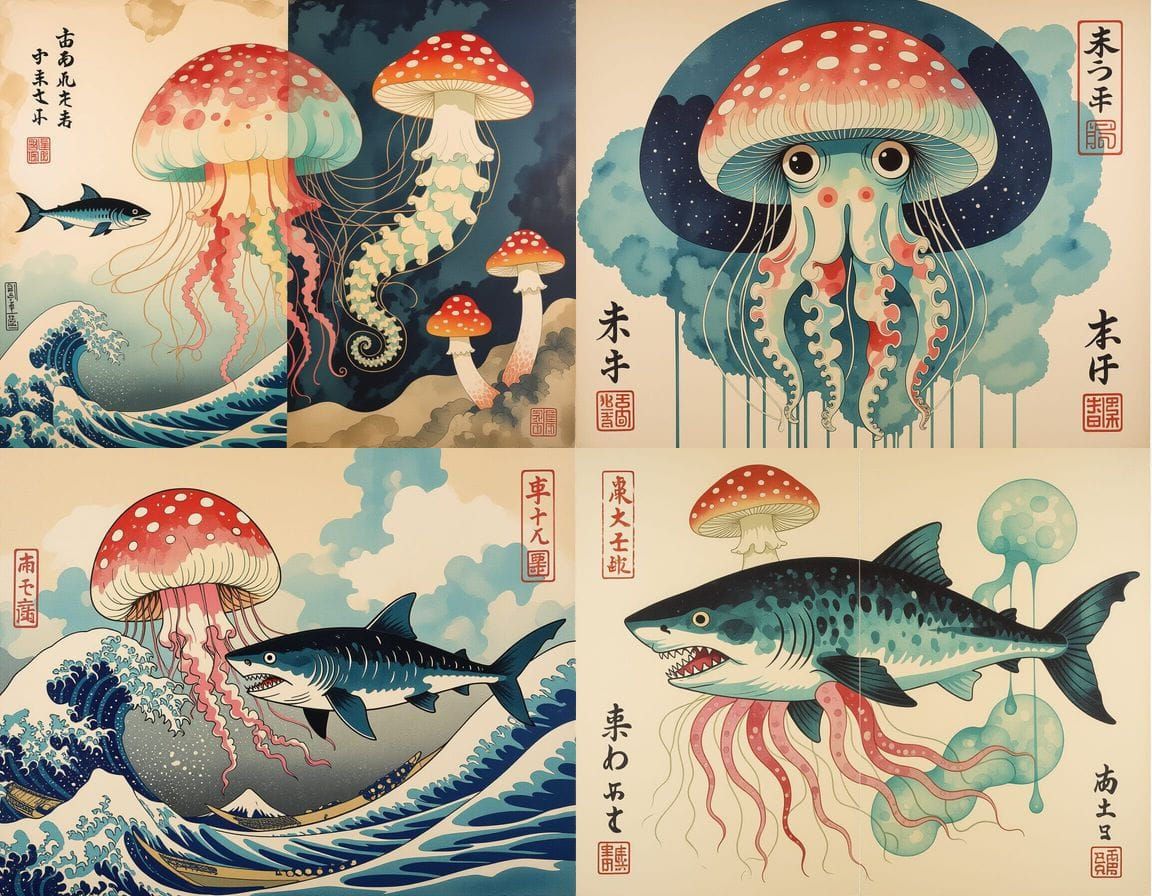Winged Jellyfish Shark Squid in Ukiyo-e Style