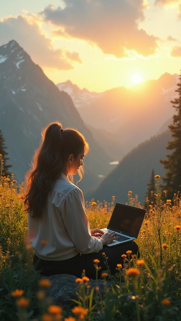 Woman Working Remotely in Mountain Landscape