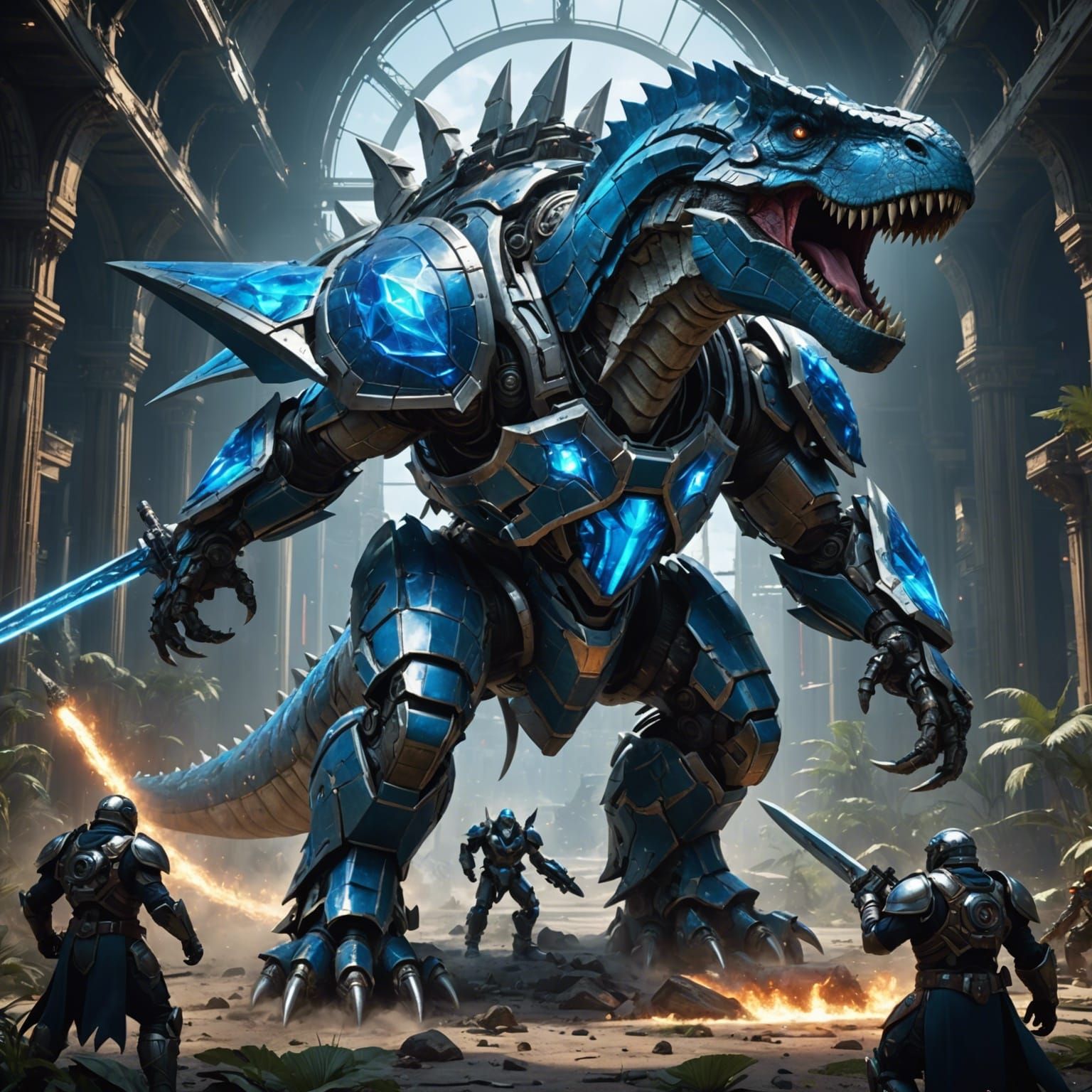 Armored Dinosaur vs Futuristic Mech in Dark Fantasy Style