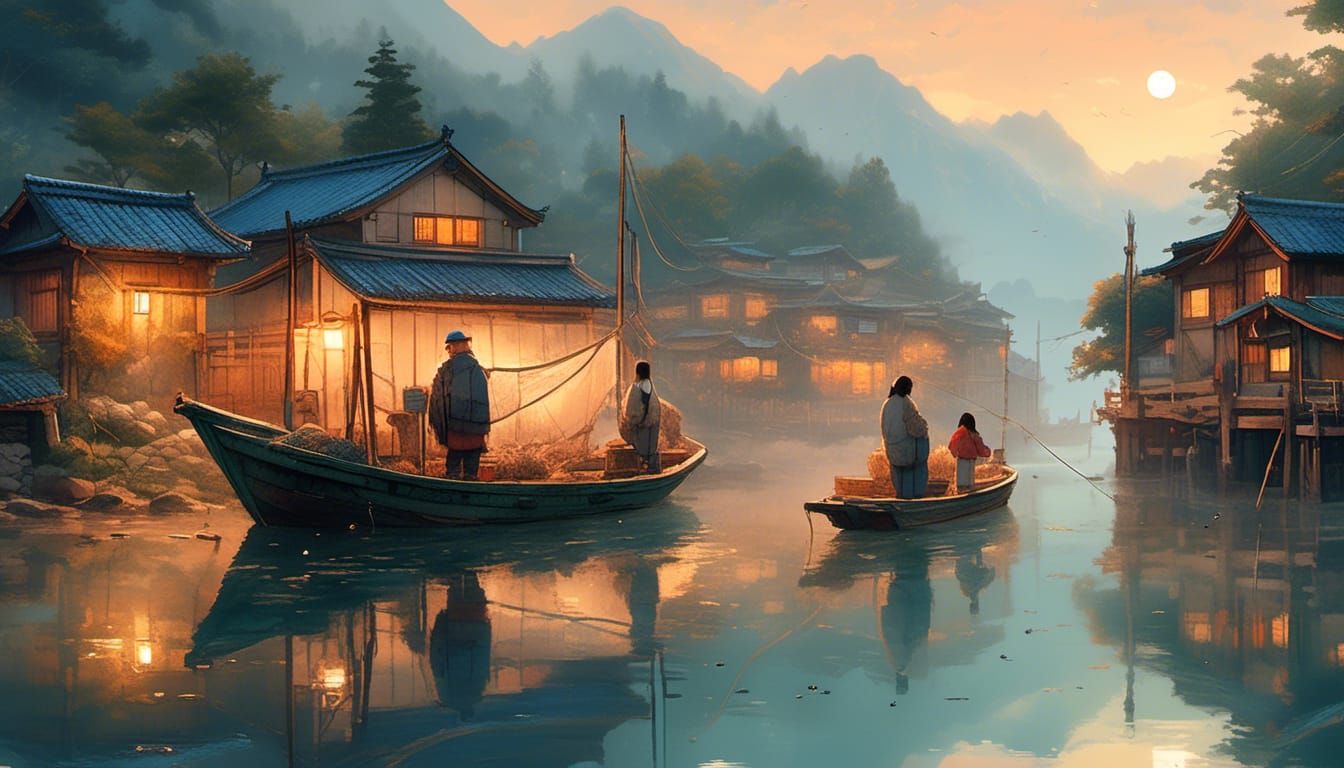 Korean Fishermen in Fjord, Watercolor Art with Two Moons