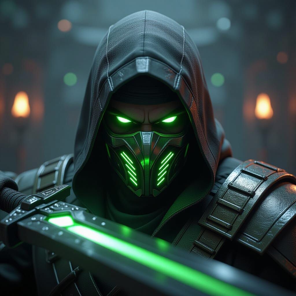 Mortal Kombat Character with Glowing Green Eyes
