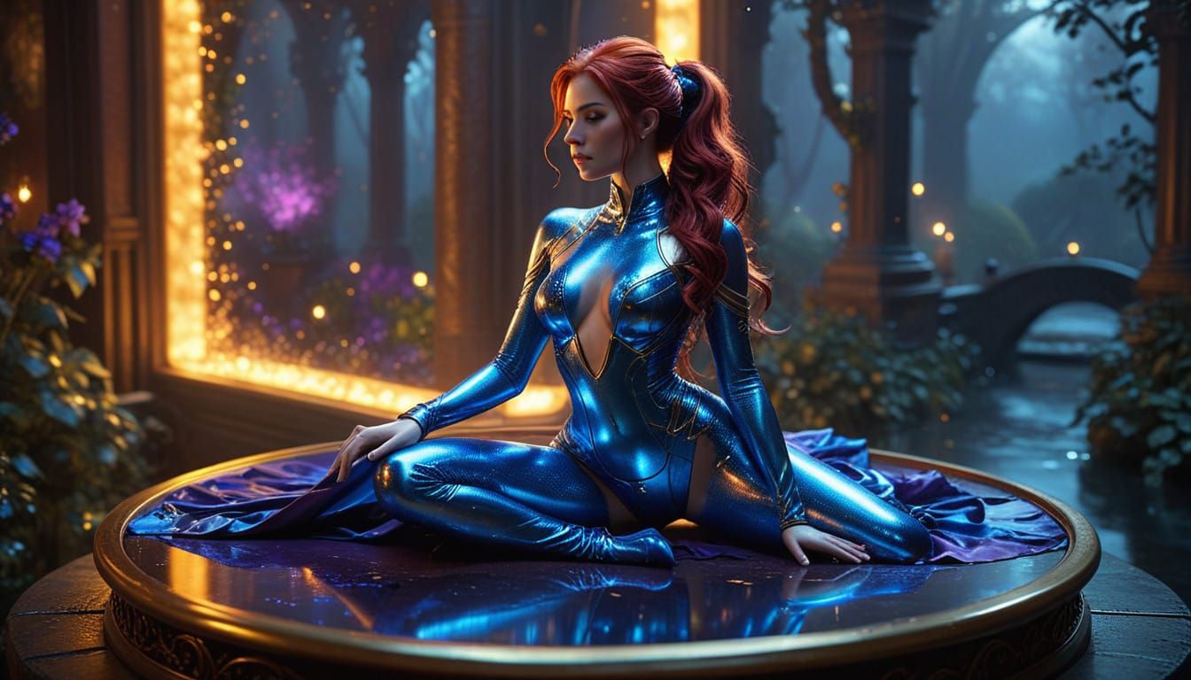A striking fashion photo of a woman dressed in a blue transparent shining latex suit, sitting on a sleek, metallic platf...
