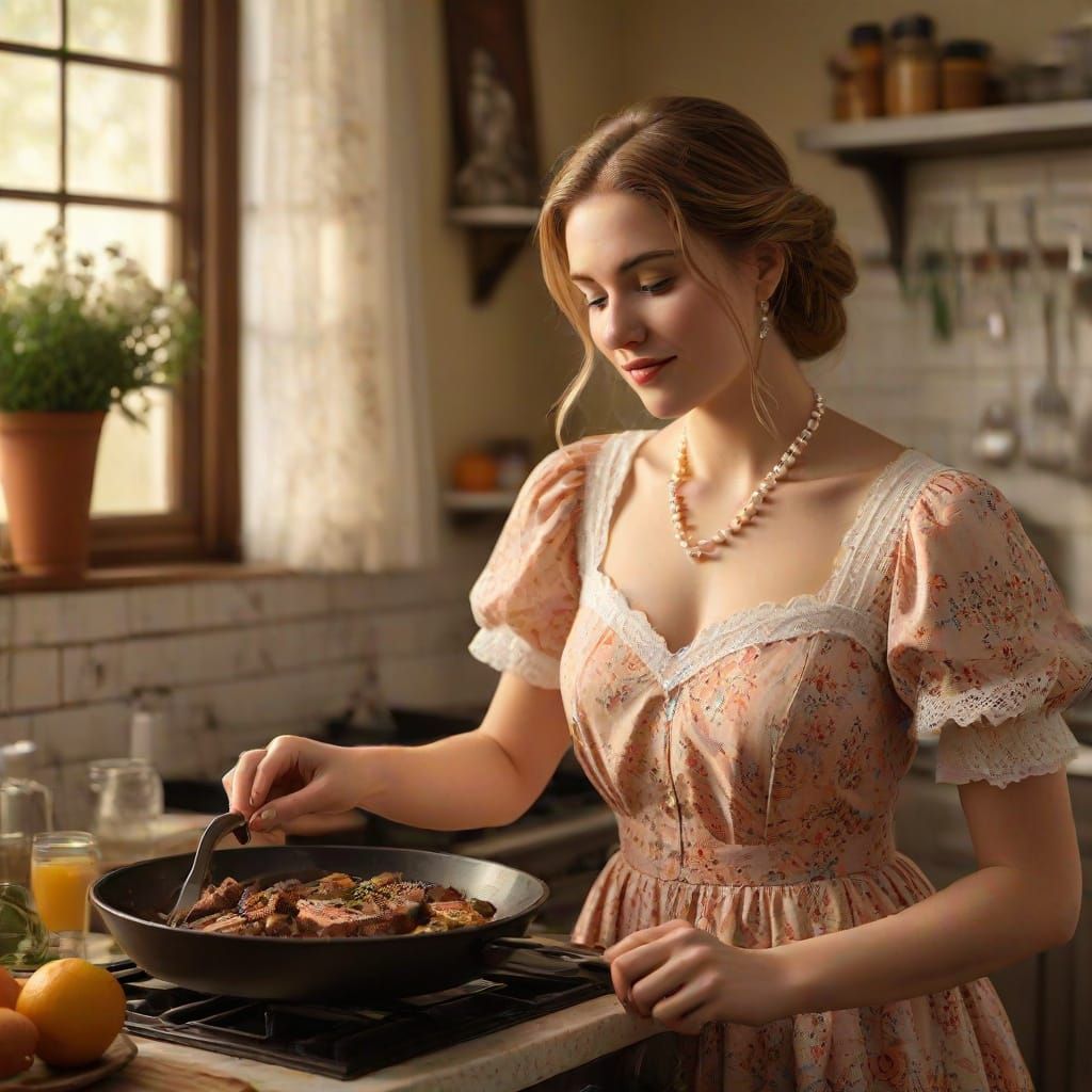 Tradwife Frying Steak in Vibrant Splash Art Style