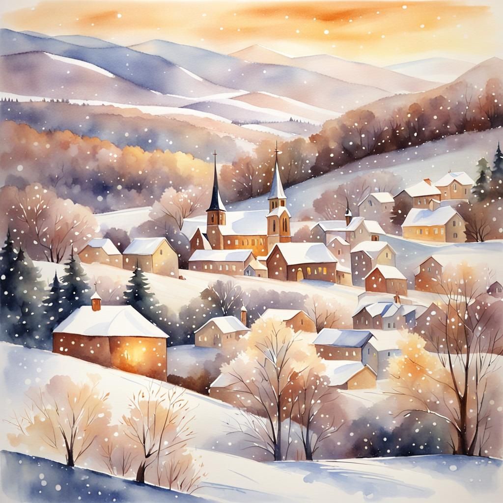 Serene Snowy Village: Watercolor Winter Wonderland