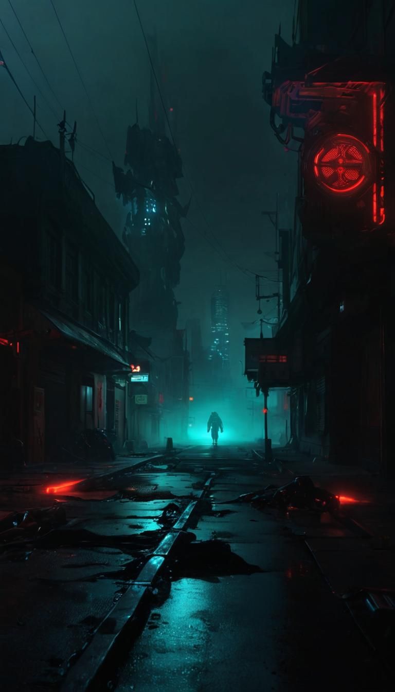 Cyberpunk Mech in Foggy Gothic Street